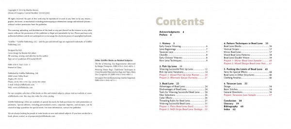 An open copy of "Weave Leno" by Schiffer Publishing, Ltd. shows copyright info on the left page and a contents page on the right with sections like History, Weaving Techniques, Art Practice, Pattern Techniques in black and pink text.