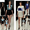 The SFP LookBook: Mercedes-Benz Fashion Week Spring 2014 Collections by Schiffer Publishing, Ltd. features models in bold, futuristic outfits with geometric shapes and high slits, styled in striking black, white, blue, and pastel tones.