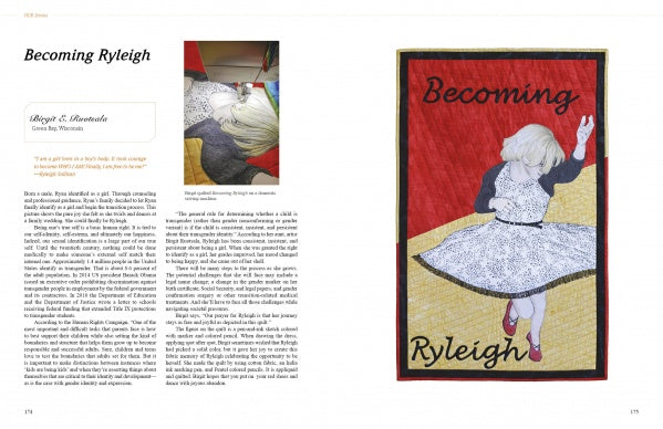 Two-page magazine spread for Schiffer Publishing, Ltd.'s OURstory Quilts. Left page: article with a photo of a drawing. Right page: large art quilt-inspired illustration of a blonde girl in white dress dancing, titled Becoming Ryleigh.
