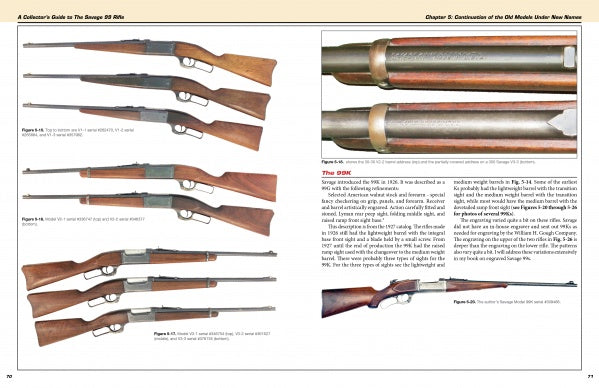 A two-page spread from Schiffer Publishing’s "A Collector's Guide to the Savage 99 Rifle and its Predecessors, the Model 1895 and 1899" displays vintage Savage 99 centerfire rifles with labeled figures, detailed close-ups, and model descriptions.