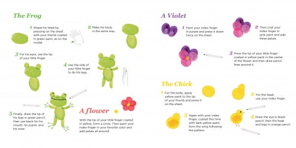 Lili's Colors by Schiffer Publishing, Ltd. offers step-by-step illustrated guides for finger-paint art of a frog, violet, flower, and chick, helping young readers discover colors and shapes with easy instructions showing hand and finger positions.