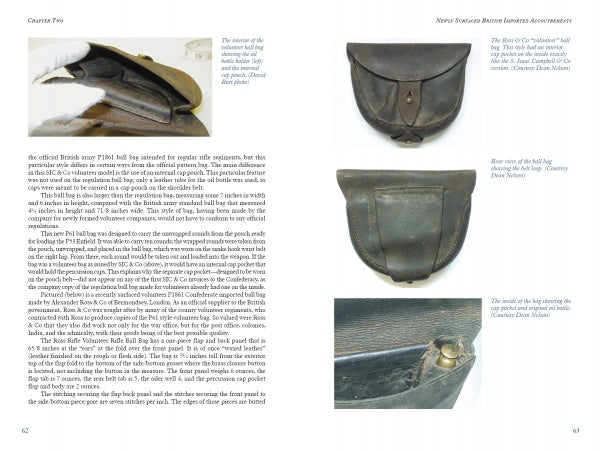 A spread from "Suppliers to the Confederacy Volume II" by Schiffer Publishing, Ltd. shows text beside a close-up of a brown leather military pouch; the opposite page displays three photos highlighting its design and fasteners.