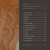The Art of Leather Inlay and Overlay by Schiffer Publishing, Ltd. is a leather-bound book featuring decorative stitching, with a black contents page listing chapters on leather art, tools, patterns, techniques, and sewing machines.
