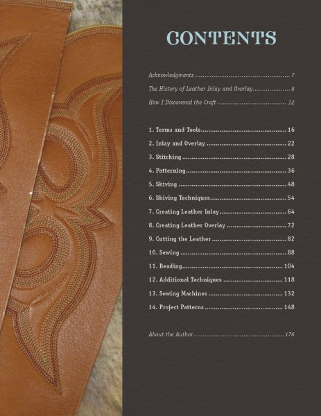 The Art of Leather Inlay and Overlay by Schiffer Publishing, Ltd. is a leather-bound book featuring decorative stitching, with a black contents page listing chapters on leather art, tools, patterns, techniques, and sewing machines.