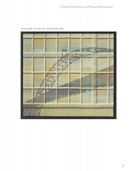 Weaving a Chronicle by Schiffer Publishing, Ltd. features tapestry weaving depicting a bridge arc with geometric patterns against a grid background in muted yellow and beige tones.