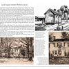 A page from *Historic Architecture in Northwest Philadelphia: 1690 to 1930s* (Schiffer Publishing, Ltd.) shows text about East Logan Street (Fishers Lane), three black-and-white drawings of Wissahickon schist houses and a tree, and a gold sidebar titled "The East Logan/Fishers Experience.