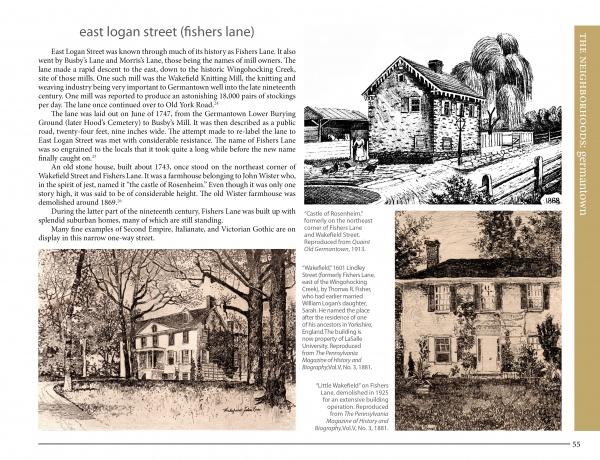 A page from *Historic Architecture in Northwest Philadelphia: 1690 to 1930s* (Schiffer Publishing, Ltd.) shows text about East Logan Street (Fishers Lane), three black-and-white drawings of Wissahickon schist houses and a tree, and a gold sidebar titled "The East Logan/Fishers Experience.