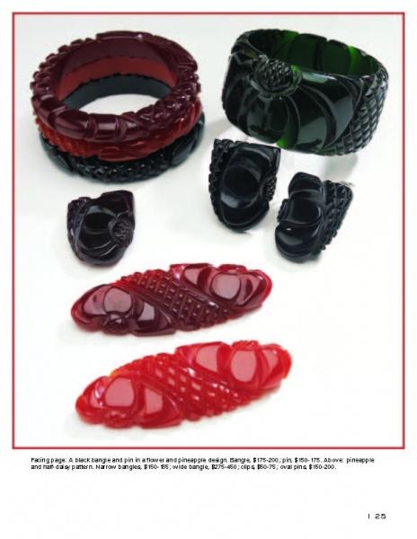 Bakelite Jewelry by Schiffer Publishing, Ltd. showcases black and red carved bangles, pins, earrings, and clips—collectible pieces elegantly displayed on a white background.