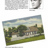 A page from "More Hollywood Homes" by Schiffer Publishing, Ltd. shows a black-and-white portrait of James Cagney, text on his career, and a vintage postcard of his white house with green shutters and red flowers, captioned as his iconic movie star home.