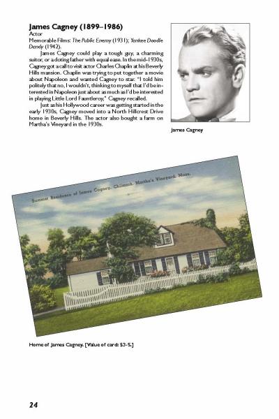 A page from "More Hollywood Homes" by Schiffer Publishing, Ltd. shows a black-and-white portrait of James Cagney, text on his career, and a vintage postcard of his white house with green shutters and red flowers, captioned as his iconic movie star home.