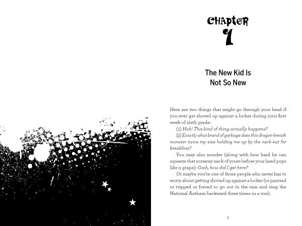 A book page features black-and-white splatter art and stars on the left. On the right: “Chapter 1. The New Kid Is Not So New,” with text about starting a new school. Perfect for fans of The Kids of Widney Junior High Take Over the World! by Schiffer Publishing, Ltd.