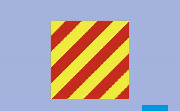The “Lights, Shapes, & Signals for the Merchant Mariner” by Schiffer Publishing, Ltd. features a square with diagonal red and yellow stripes on a light blue background, used in maritime signals to enhance boating safety.