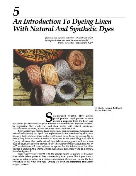 A photo shows five skeins of yarn in tan, brown, cream, pink, and gray on a dark surface. The page, titled "Linen" by Schiffer Publishing, Ltd., explores the process from flax cultivation to weaving beautiful linen.