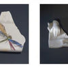 In Lost and Found by Schiffer Publishing, Ltd., two pages show ceramic fragments: one side features vibrant insect illustrations, the other plain white pieces with sculpted shapes, inspired by coastal New England beachcombing traditions.
