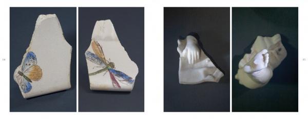 In Lost and Found by Schiffer Publishing, Ltd., two pages show ceramic fragments: one side features vibrant insect illustrations, the other plain white pieces with sculpted shapes, inspired by coastal New England beachcombing traditions.