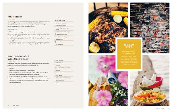 A magazine spread features jerk chicken and sweet potato salad recipes with vibrant grilling photos. A yellow box highlights Grill Skills: Professional Tips for the Perfect Barbeque by Schiffer Publishing, Ltd., offering music and expert BBQ tips.