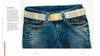 A close-up of blue jeans with a light-colored woven belt on a white background. On the left, “Paper Jewelry” by Schiffer Publishing, Ltd. is featured under BOOKS AND COMICS, along with jewelry making projects. Page numbers 140-141 are at the bottom.