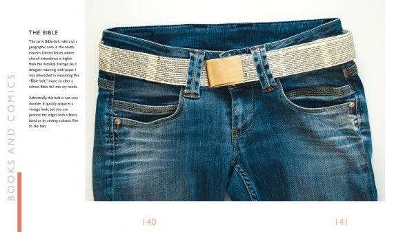 A close-up of blue jeans with a light-colored woven belt on a white background. On the left, “Paper Jewelry” by Schiffer Publishing, Ltd. is featured under BOOKS AND COMICS, along with jewelry making projects. Page numbers 140-141 are at the bottom.