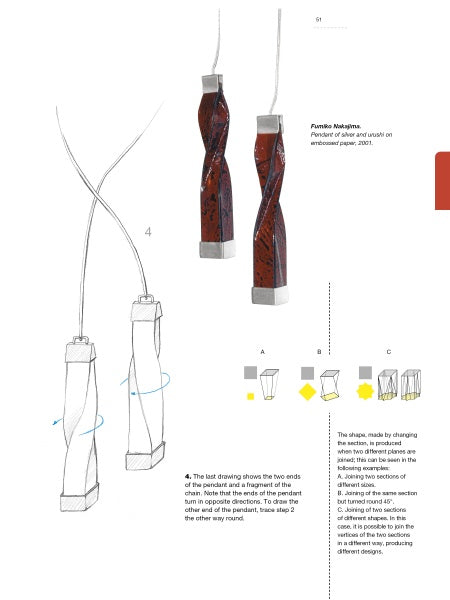 Two pendant necklaces with twisted rectangular brown and white beads on white cords are featured. Below are sketches highlighting techniques, geometric diagrams, and a summary of the design process from "Drawing for Jewelers" by Schiffer Publishing, Ltd.