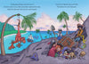 In Schiffer Publishing, Ltd.'s "The Bossy Pirate," children dressed as pirates hunt for treasure on a rocky hill as a ship sails below and a red dinosaur hangs from a palm tree, creating a colorful and playful tropical adventure.