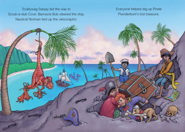 In Schiffer Publishing, Ltd.'s "The Bossy Pirate," children dressed as pirates hunt for treasure on a rocky hill as a ship sails below and a red dinosaur hangs from a palm tree, creating a colorful and playful tropical adventure.