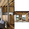 A modern living room with wood paneling and tall windows is featured in "Australia Modern" by Schiffer Publishing, Ltd., highlighting thoughtful residential design with a photo and text.
