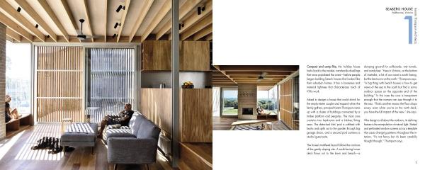 A modern living room with wood paneling and tall windows is featured in "Australia Modern" by Schiffer Publishing, Ltd., highlighting thoughtful residential design with a photo and text.