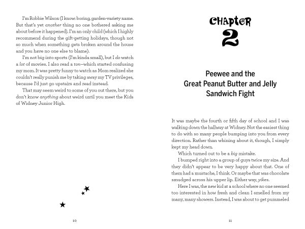 Two pages from "The Kids of Widney Junior High Take Over the World!" by Schiffer Publishing, Ltd. The left page ends a section; the right page starts “Chapter 2: Peewee and the Great Peanut Butter and Jelly Sandwich Fight.” Text is black on white.