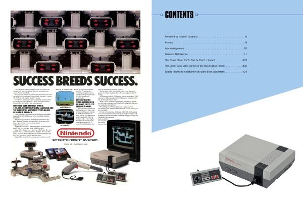 A vintage Nintendo ad with stacked NES consoles, controllers, the slogan "Success Breeds Success," classic accessories, and a contents page is featured in The NES Omnibus by Schiffer Publishing, Ltd., alongside a NES system and games.