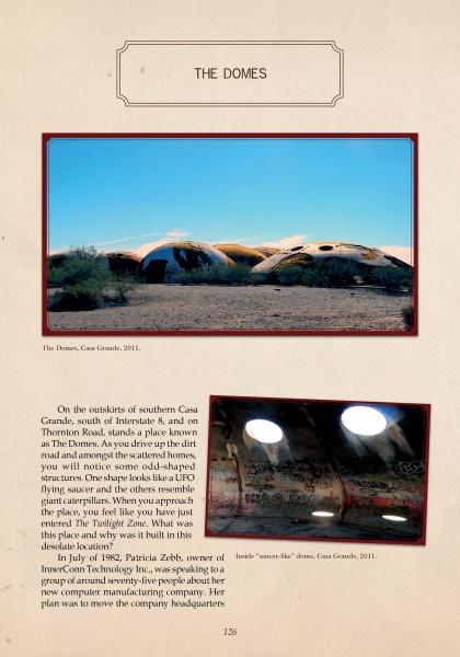 A photo from Schiffer Publishing, Ltd.'s "Arizona's Back Roads" captures The Domes in Casa Grande—rounded, sand-colored structures under a clear sky. A smaller image highlights graffiti-filled interiors illuminated by circular skylights.
