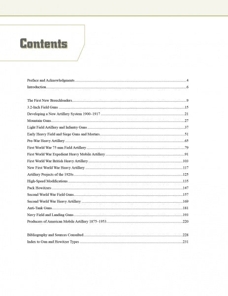 Table of contents page from "American Breechloading Mobile Artillery 1875-1953" by Schiffer Publishing, Ltd., listing chapters and page numbers on field guns, US military artillery, siege guns, and WWI/WWII artillery in green and white.