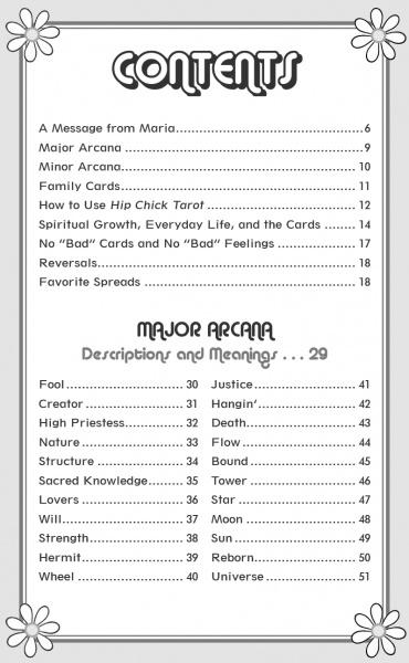 A black-and-white illustrated table of contents from the Hip Chick Tarot companion guidebook by Schiffer Publishing features chapters on Major Arcana, Minor Arcana, and card meanings. The page is flower-bordered and depicts diverse women.