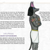 A page from The Egyptian Lenormand by Schiffer Publishing, Ltd. shows text on sarcophagi and ancient Egyptian beliefs, plus an illustration of Anubis standing upright in a kilt on the right—similar to images found on Lenormand and divination cards.