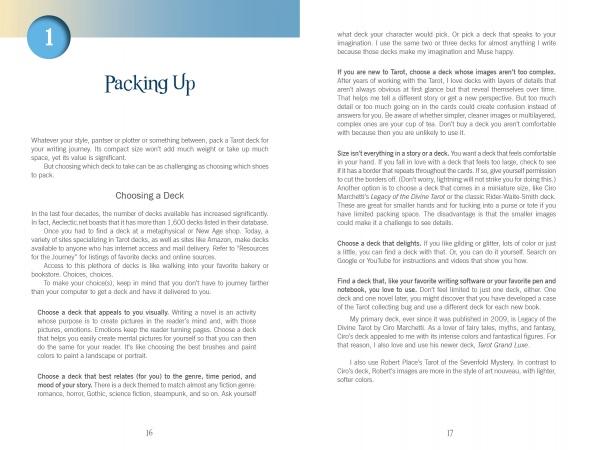 A spread in Tarot for the Fiction Writer by Schiffer Publishing, Ltd. explains how to choose a tarot or oracle deck, giving tips on fiction writing and story development. The left page, Packing Up, features a blue circle with the number 1 at the top.