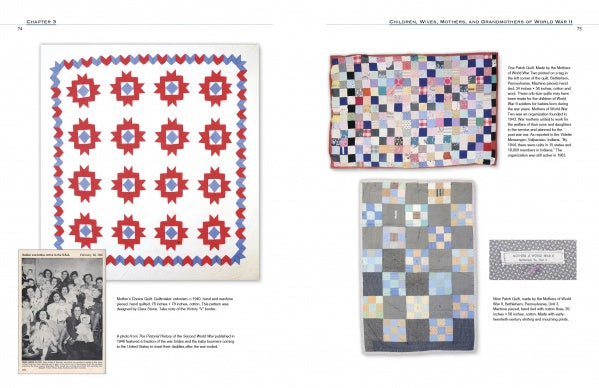 In "World War II Quilts, 2nd Edition" by Schiffer Publishing, Ltd., a book spread showcases three vibrant patchwork quilts plus a black-and-white photo of women and children, with captions noting patriotic quilts and quilt history during World War II.