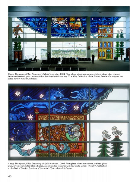Two kiln-formed glass window installations from Glass Art From the Kiln by Schiffer Publishing, Ltd. feature vivid blue night skies, stars, spirit animals, and a sleeping figure, shining in a modern, spacious, window-filled public space.