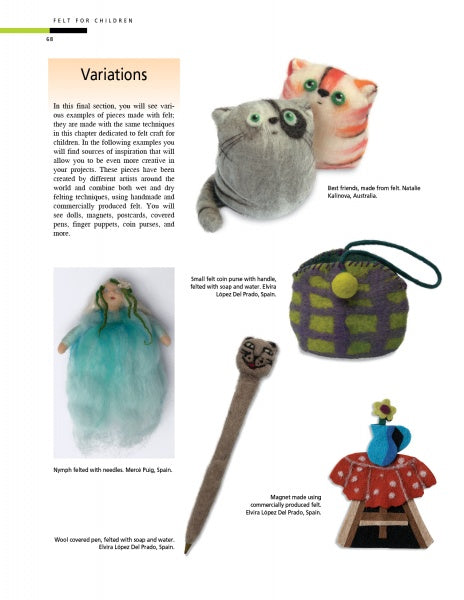 A magazine page from Felting by Schiffer Publishing, Ltd. showcases felt crafts—cat figures, a fairy doll, a mouse pencil topper, a checkered pouch, and a matryoshka doll—ideal for felted wool projects.