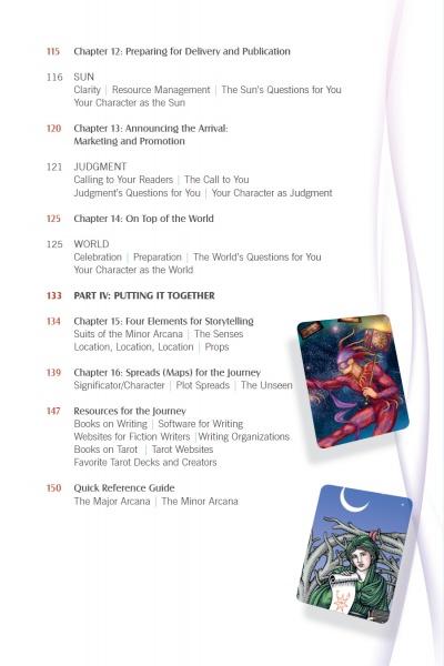 The table of contents page for "Tarot for the Fiction Writer" by Schiffer Publishing, Ltd. lists chapters with page numbers and features two colorful tarot card illustrations, ideal for sparking story ideas and inspiring fiction writers.