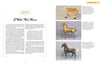 A two-page spread from "More Hagen-Renaker Pottery" (Schiffer Publishing, Ltd.) shows text on the left and three figurine photos on the right: a tan foal, a golden adult horse, and a shiny dark gray horse.