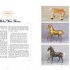 A two-page spread from "More Hagen-Renaker Pottery" (Schiffer Publishing, Ltd.) shows text on the left and three figurine photos on the right: a tan foal, a golden adult horse, and a shiny dark gray horse.