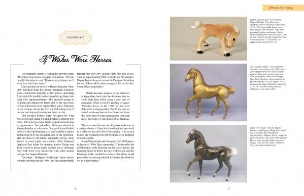 A two-page spread from "More Hagen-Renaker Pottery" (Schiffer Publishing, Ltd.) shows text on the left and three figurine photos on the right: a tan foal, a golden adult horse, and a shiny dark gray horse.