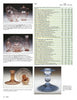 A catalog page from Schiffer Publishing, Ltd. displays Elegant Glass pitchers, baskets, tumblers, and candlesticks in peach, amber, and blue, each labeled with details and a chart for American glass pattern identification.