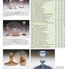 A catalog page from Schiffer Publishing, Ltd. displays Elegant Glass pitchers, baskets, tumblers, and candlesticks in peach, amber, and blue, each labeled with details and a chart for American glass pattern identification.