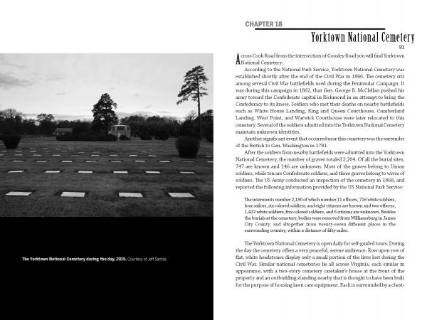 Black-and-white photo of Yorktown National Cemetery with rows of flat markers on grass. Trees stand under a cloudy sky. Text at right discusses the cemetery’s history and its feature in Ghosts of Yorktown, Virginia by Schiffer Publishing, Ltd.