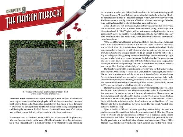 A spread from Hollywood Obscura by Schiffer Publishing, Ltd. features a bloody knife, a brown gravestone with names, and text on Charles Manson’s early life and the paranormal aftermath of the infamous Hollywood murders.