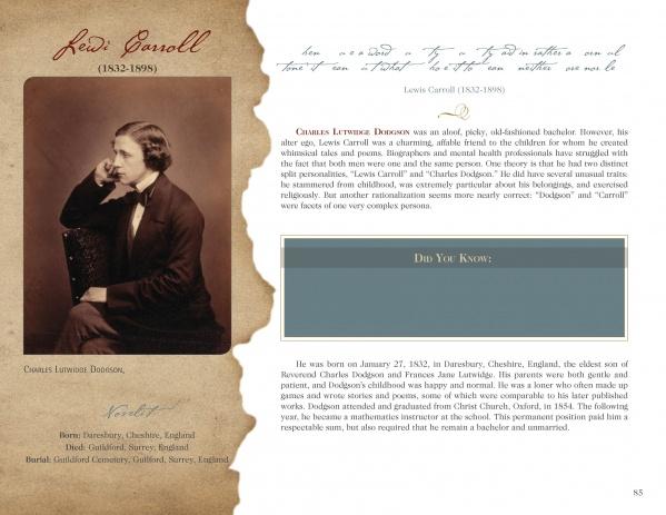 A sepia-toned photo of Lewis Carroll, brief bio, quote, and fact box styled on vintage paper feature in "Literary Legends of the British Isles" by Schiffer Publishing, Ltd.