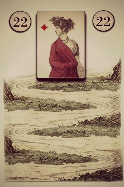 The Lenormand Oracle Cards by Schiffer Publishing, Ltd. feature card 22—a vintage-style design with a woman in a red dress, diamond symbol, and winding path—perfect for Lenormand card enthusiasts.