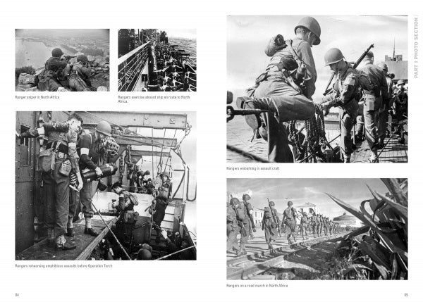 A collage from "Rangers Led the Way" by Schiffer Publishing, Ltd. shows five black-and-white photos of WWII Rangers training, boarding ships, climbing ropes, and marching, preparing for or stationed in North Africa.