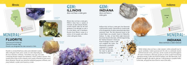 The 50 State Gems and Minerals by Schiffer Publishing, Ltd. is a kids’ guide to Illinois and Indiana state stones, featuring maps, images of fluorite and calcite crystals, and details about each state’s designated gems and minerals.