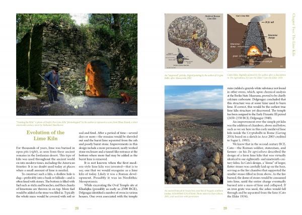 Two people tend a glowing stone lime kiln. Nearby are construction diagrams, a rocky landscape photo, and text on the history of lime kilns from "The Story of Lime and the Lime Kilns of Lancaster County" by Schiffer Publishing, Ltd.